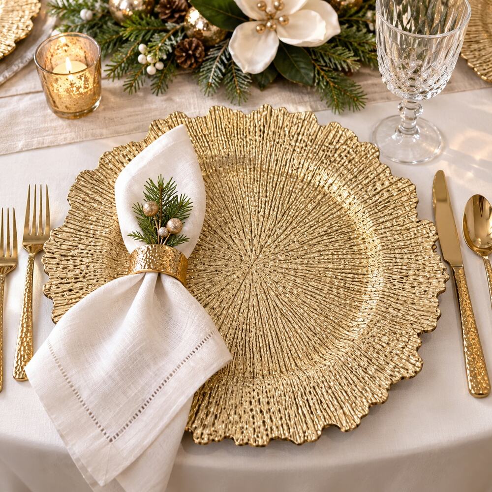 Gold Coral Reef Charger Plates Set 6 Coastal Glam Christmas Holiday Tablescape